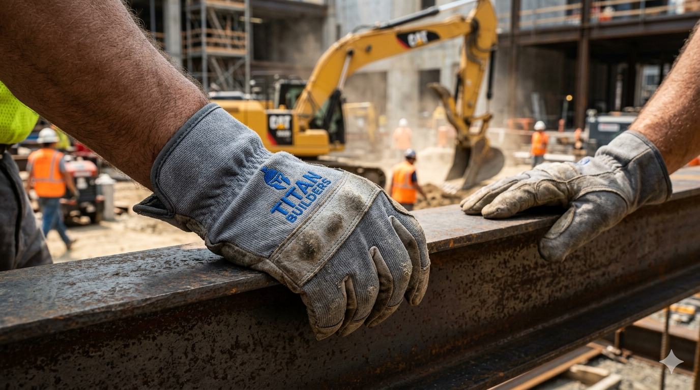 Titan Builders branded personalized work gloves on a construction site representing safety and corporate identity.